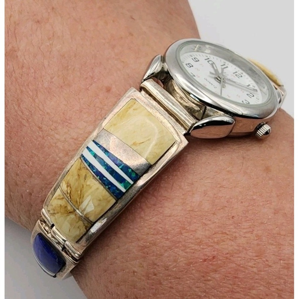 Calvin Begay Navajo Sterling Lapis Opal Jasper Inlay Watch Band Bracelet Vintage